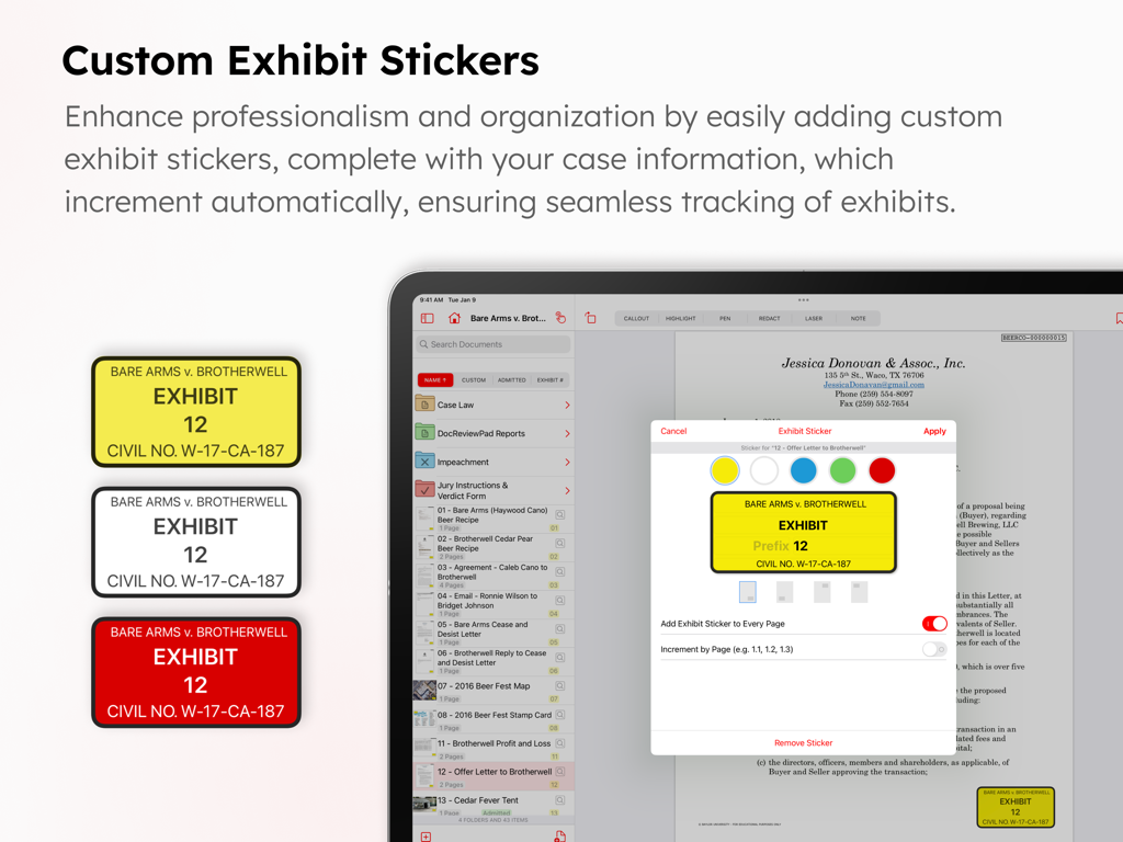 Interfaz de la aplicación TrialPad mostrando etiquetas de exhibición personalizadas para documentos legales.