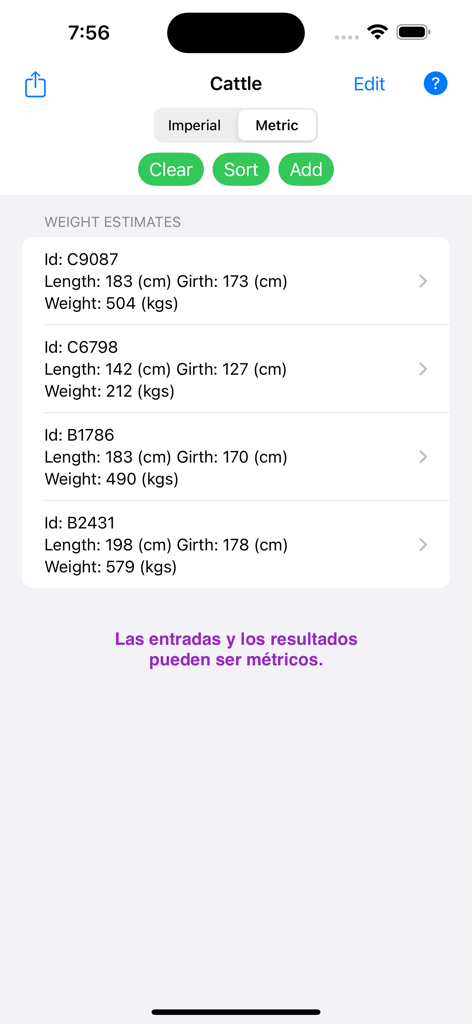 Cattle Weight Estimator - 길이와 둘레 측정값과 킬로그램 단위의 추정 무게를 보여주는 소 기록 목록