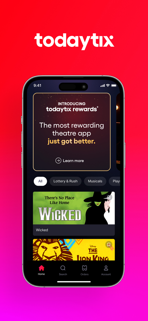 TodayTix app home screen showing Broadway show listings and rewards program