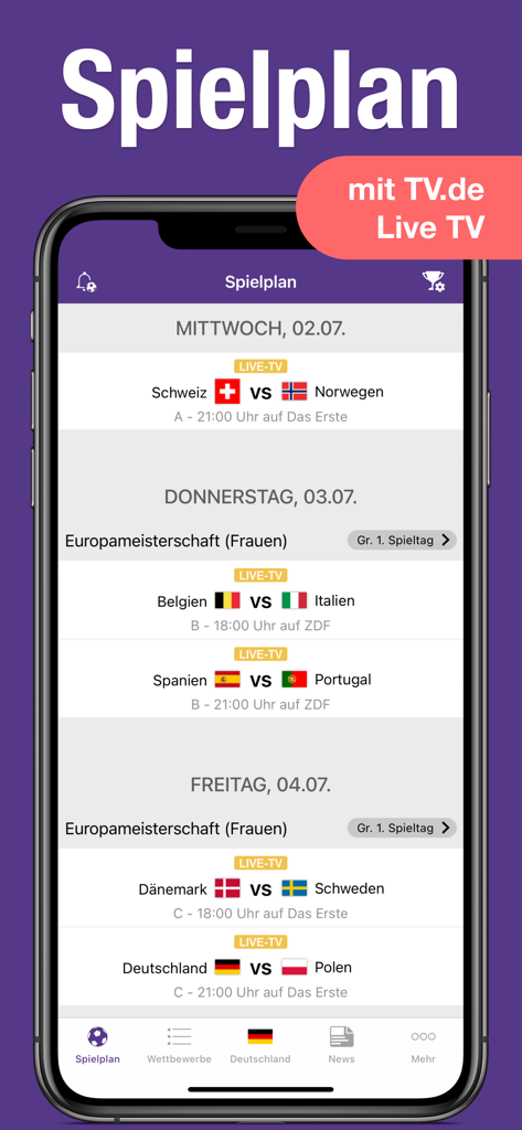 Écran de smartphone de l'application CM 2026 montrant un calendrier de matchs de football et l'accès à la TV en direct