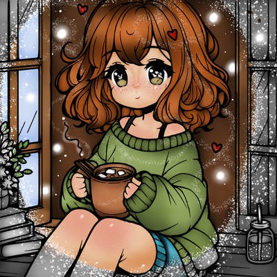 cute anime girl reading book and drinking hot chocolate from mug with loose wavy hair wearing a baggy sweatshirt and shorts sitting by windowsill looking out