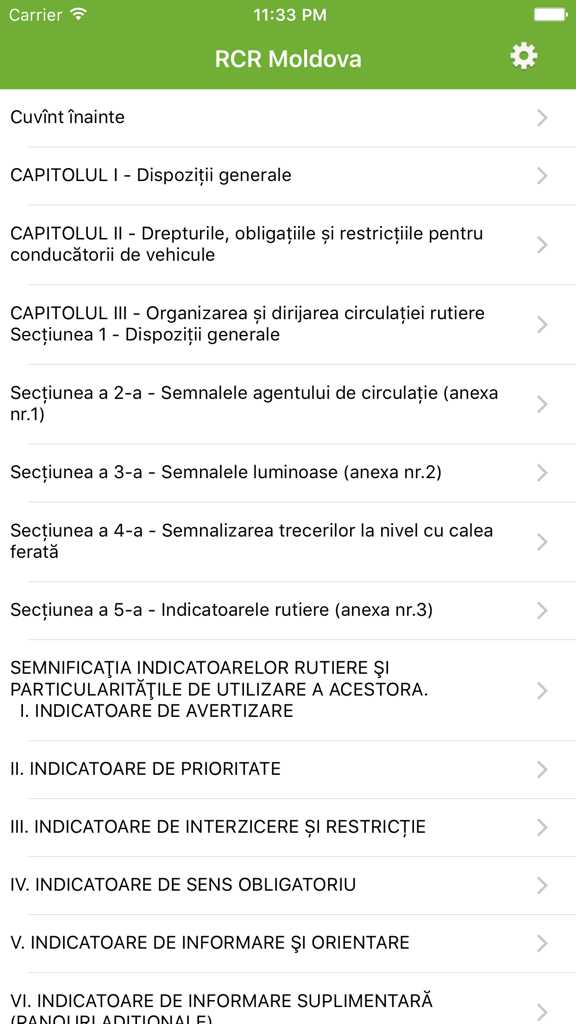 RCR Moldova - Main menu of the RCR Moldova app displaying a list of traffic regulation chapters