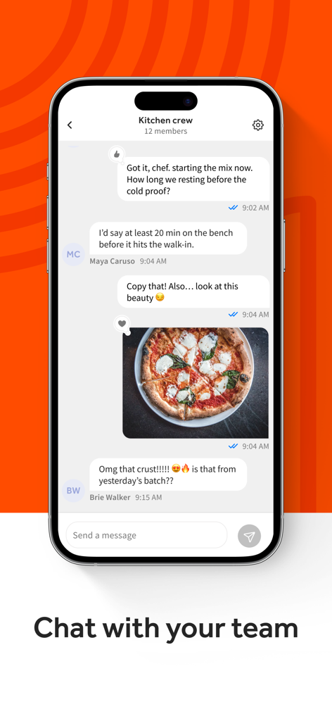 A smartphone displaying the MyToast app team chat feature for restaurant staff