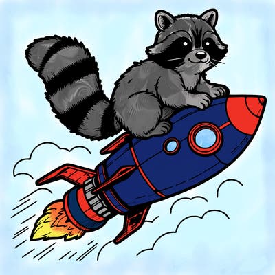 realistic raccoon flying on top rocket ship