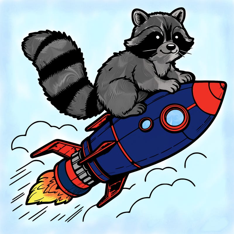 realistic raccoon flying on top rocket ship