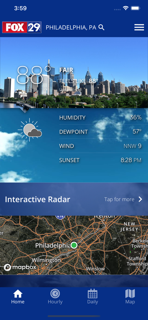 FOX 29 Philadelphia: Weather - FOX 29 Philadelphia weather app showing current temperature and local radar map