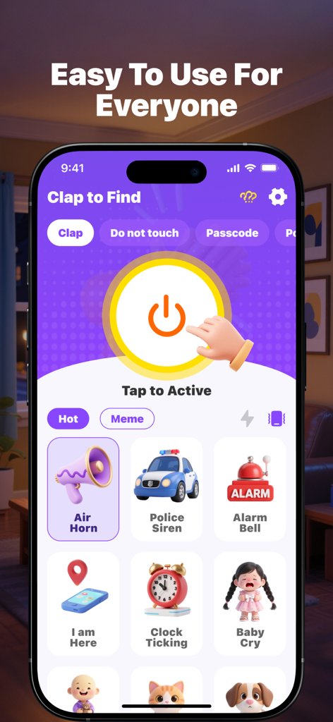 Interfaz de la aplicación buscadora de teléfonos ClapFind con un gran botón de activación y varias opciones de sonido de alarma como bocina de aire y sirena de policía