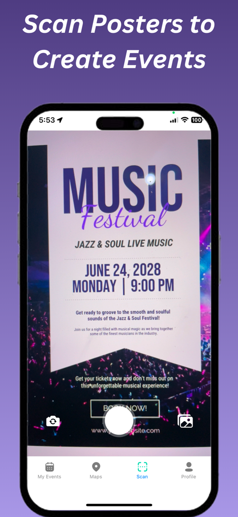 Poster-AI Mobile App scannt ein Musikfestival-Poster zur Erstellung eines Kalenderereignisses