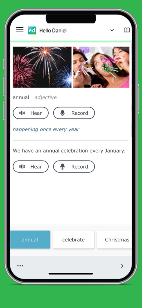 Vocabulary lesson for the word annual in the English Discoveries app.