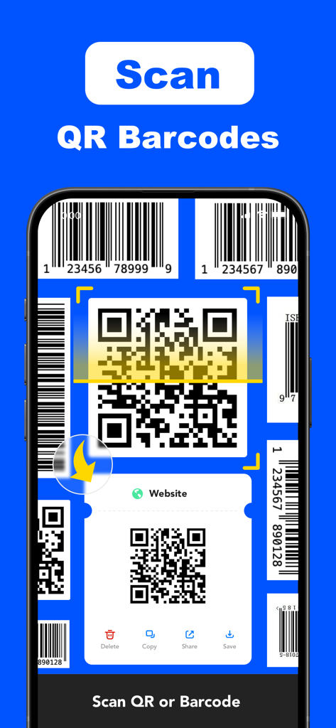 Tiny QR Barcode Scanner Reader - A smartphone interface showing a QR code and barcode scanner with a website result.