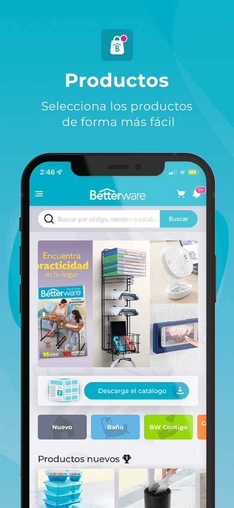 Betterware+ - Interfaz de la aplicación Betterware plus mostrando varios productos de organización para el hogar y un botón para descargar el catálogo digital