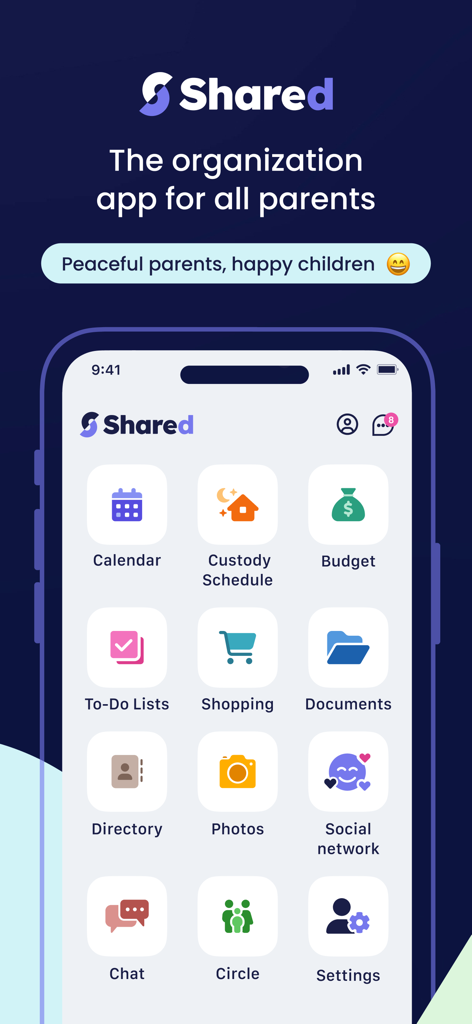 Shared, the Family Organizer - Haupt-Dashboard der Shared-App, das Tools zur Familienorganisation wie Kalender, Sorgerechtspläne, Budget und To-Do-Listen anzeigt