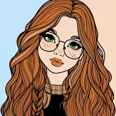 girl with long hair and freckles and glasses realistic