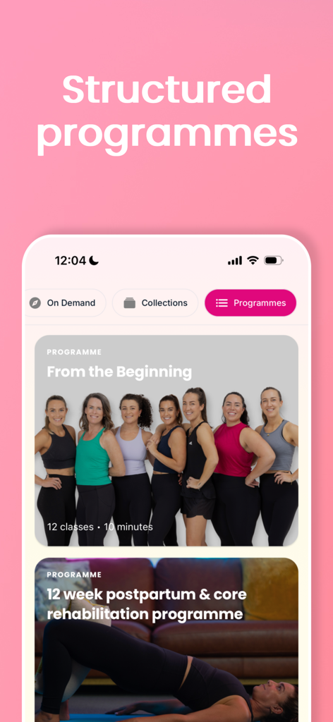 Move it Mama - Move it Mama app screen displaying structured fitness programmes including postpartum rehabilitation