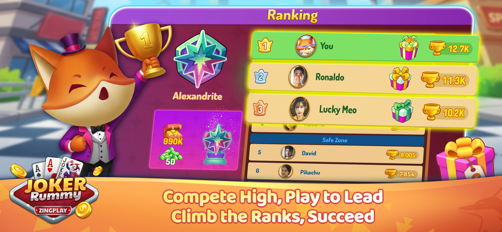Joker Rummy ZingPlay - Leaderboard ranking screen in Joker Rummy ZingPlay featuring a fox mascot holding a trophy