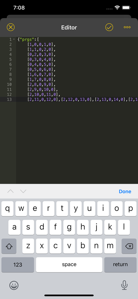 ESP Home - ESP Home app code editor interface with JavaScript configuration arrays on an iPhone.