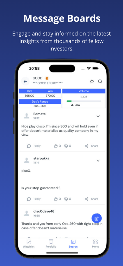 ADVFN app interface displaying stock market message boards and investor discussions