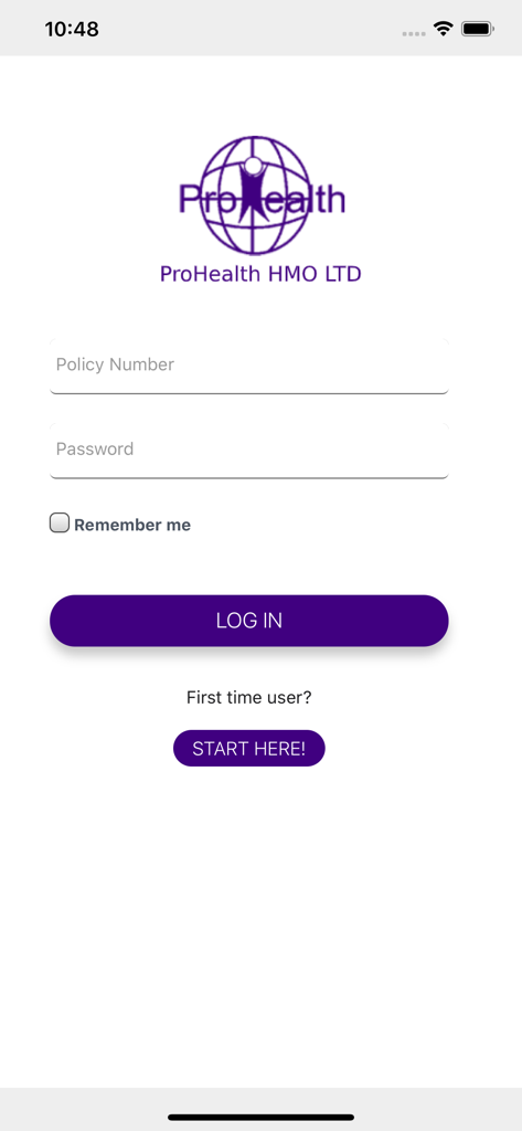 Schermata di accesso dell'app mobile Prohealth HMO per gli assicurati