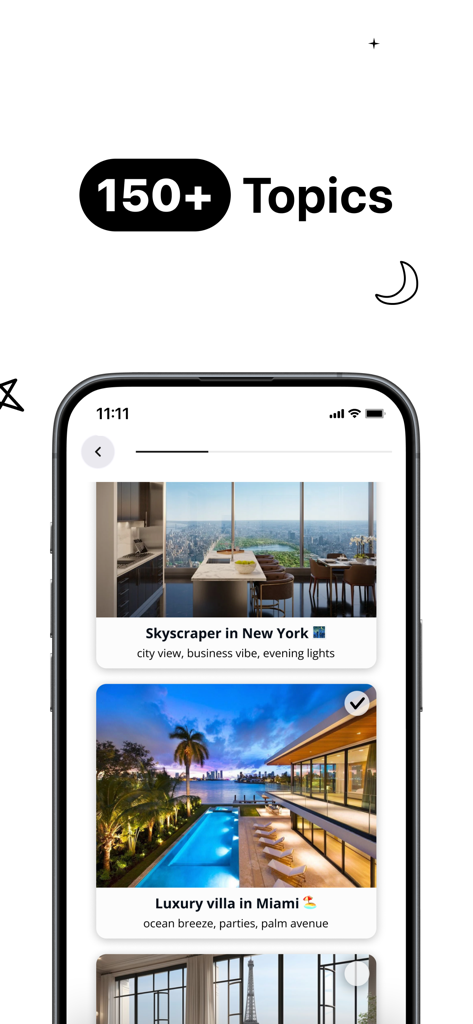 Money AI - The Money AI app interface showing a selection of luxury lifestyle manifestation topics including a New York skyscraper and a Miami luxury villa.