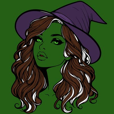 realistic witch girl with wavy hair and lips