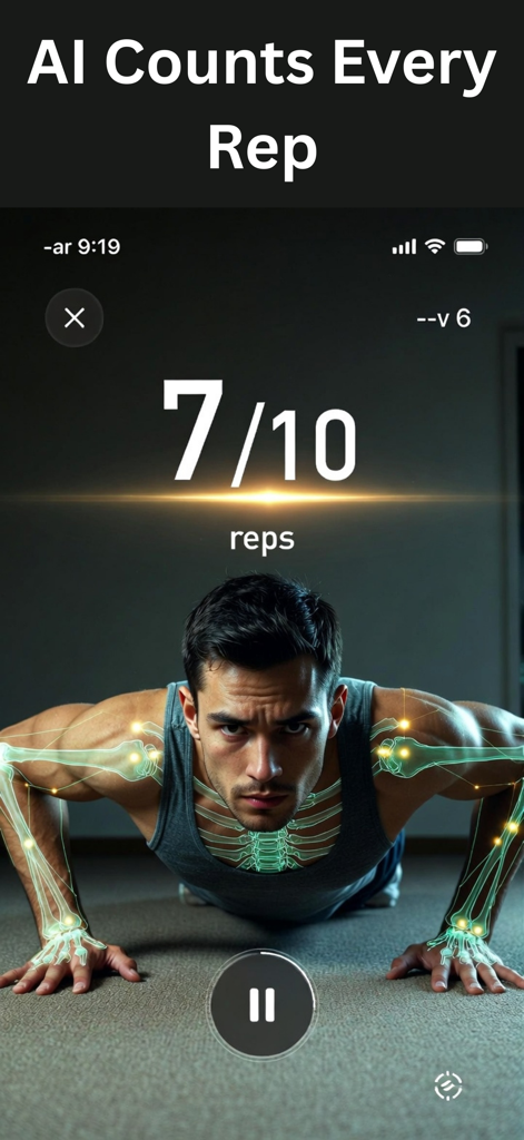 Push Up Counter: PushPro - Interface de l'application de comptage de pompes avec suivi squelettique par IA