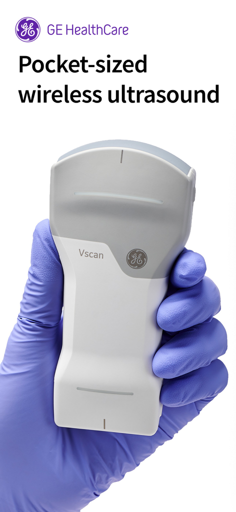 Un profesional médico sosteniendo la sonda de ecografía inalámbrica portátil Vscan Air