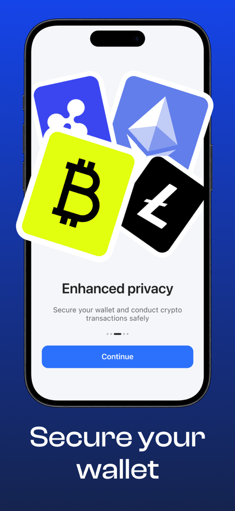 Ein Smartphone-Bildschirm, der Kryptowährungssymbole wie Bitcoin und Ethereum anzeigt, mit einer Meldung über verbesserte Privatsphäre und sichere Wallet-Transaktionen.