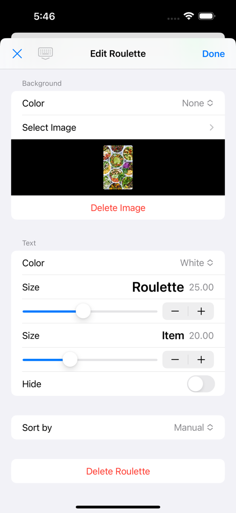Roulette - Decision Roulette - Edit Roulette interface showing background image selection and text size adjustment sliders