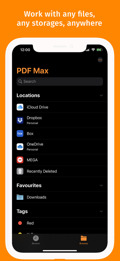 PDF Max - Interfaz del gestor de archivos de la aplicación PDF Max mostrando integración con iCloud Drive, Dropbox, Box y OneDrive
