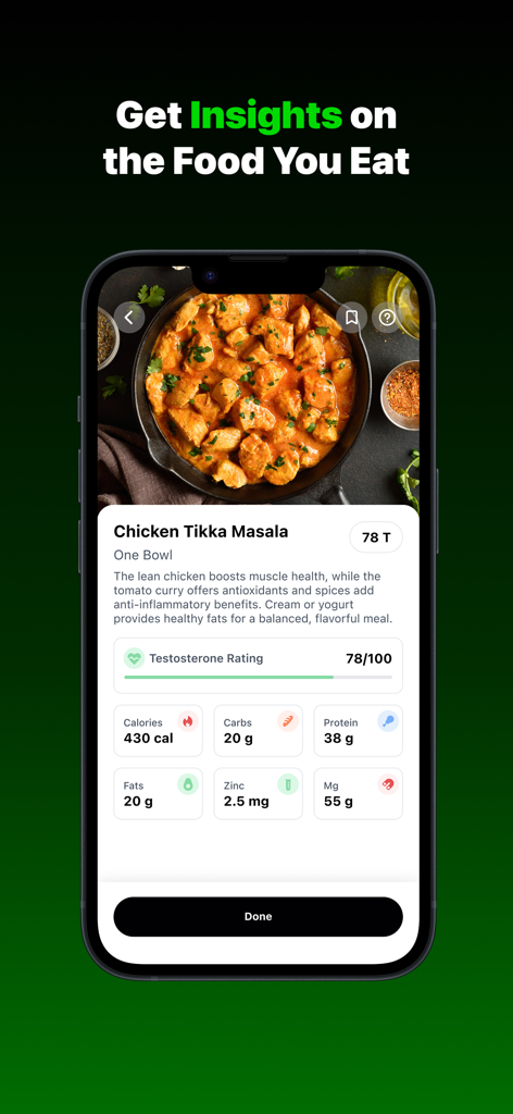 Tenacity AI: Lifestyle Tracker - Tenacity AI app interface showing meal nutrition and testosterone rating insights