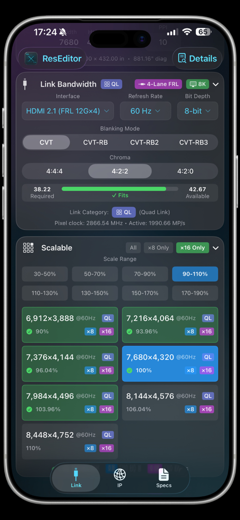 Interface of ResEditor app showing video link bandwidth calculations for HDMI 2.1 and a grid of compatible scalable resolutions