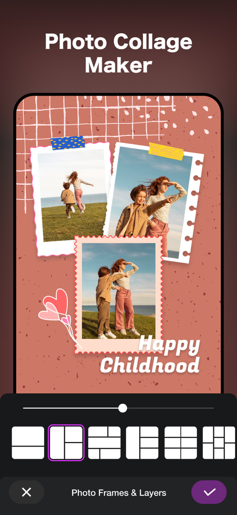 Picsoft AI Photo Editor - Ein Screenshot einer mobilen App, der die Funktion Foto-Collagen-Ersteller mit ästhetischen Vorlagen und Gitterlayout-Optionen zur Bearbeitung von Kinderfotos zeigt.