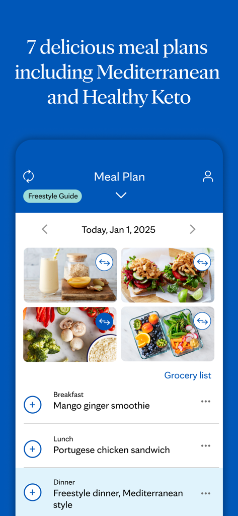 Interfaccia dell'app Dieta Mayo Clinic che mostra un piano alimentare giornaliero con opzioni per colazione, pranzo e cena