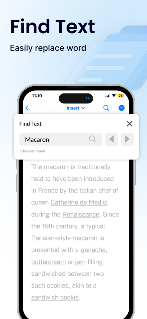 Smartphone-Bildschirm mit dem Such- und Ersetzen-Werkzeug in der Office Word App
