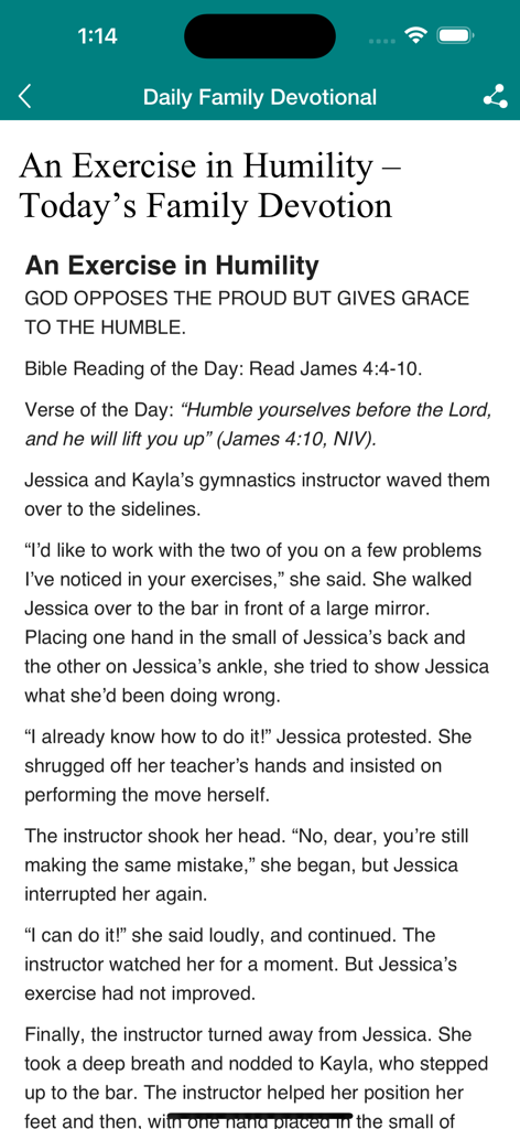 Family Devotional - Screenshot of the Family Devotional app displaying a daily reading titled An Exercise in Humility with a Bible verse and story.