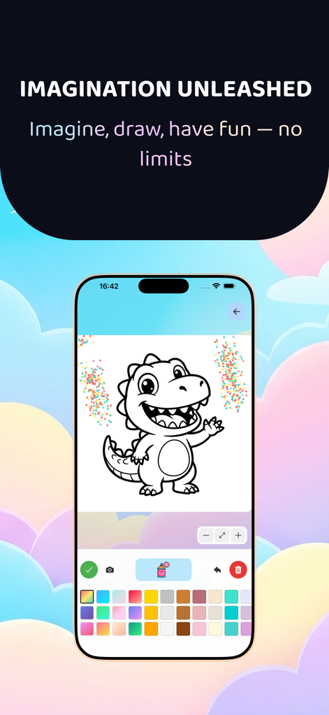 Colorbook: Kids Coloring Book - Colorbook app interface featuring a dinosaur coloring page and color palette.