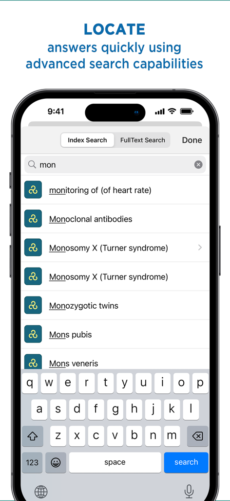 Advanced search interface of the Johns Hopkins Gynecology and Obstetrics app showing clinical medical results