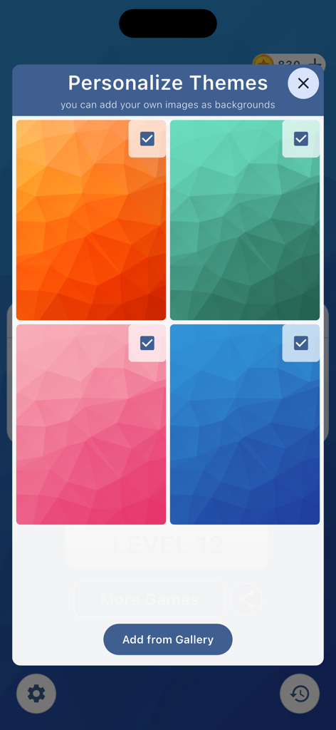 Bible Game - Verses God's Word - A screen in the Bible game showing various colorful geometric background options for personalization.