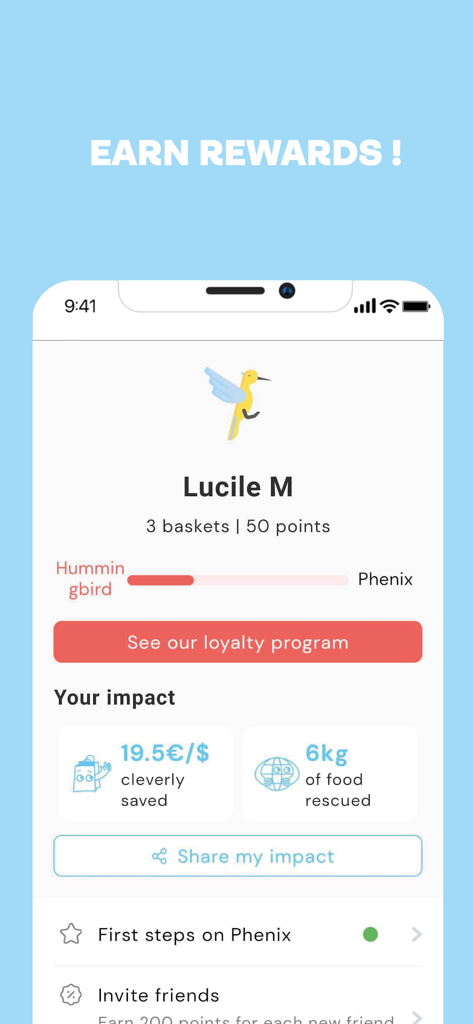 Phenix 앱의 사용자 프로필 화면으로, 보상 포인트와 구출된 음식 및 절약된 돈과 같은 환경 영향 통계가 표시됩니다.