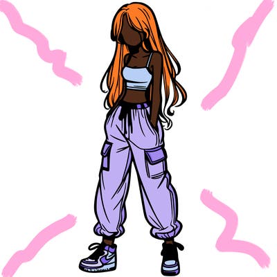 girl in baggy pants crop top and long hair