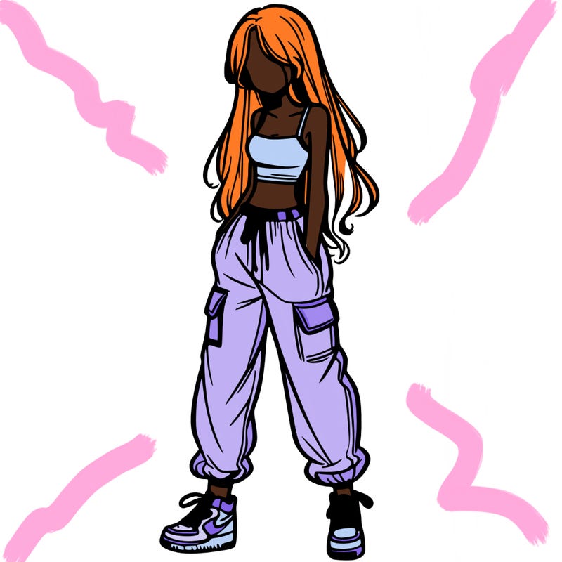 girl in baggy pants crop top and long hair