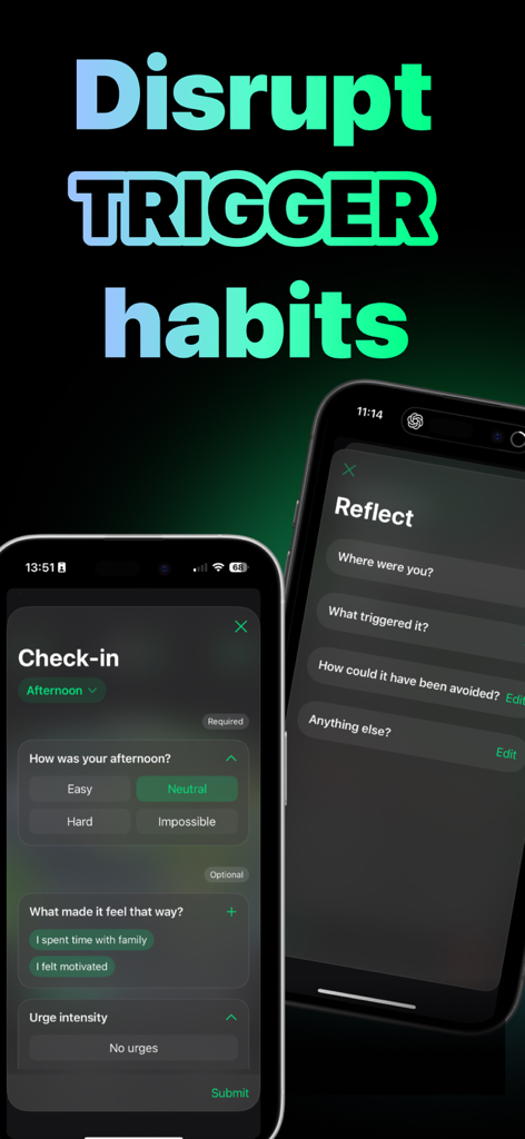 Quit Corn app interface showing check-in and reflection screens for disrupting trigger habits.