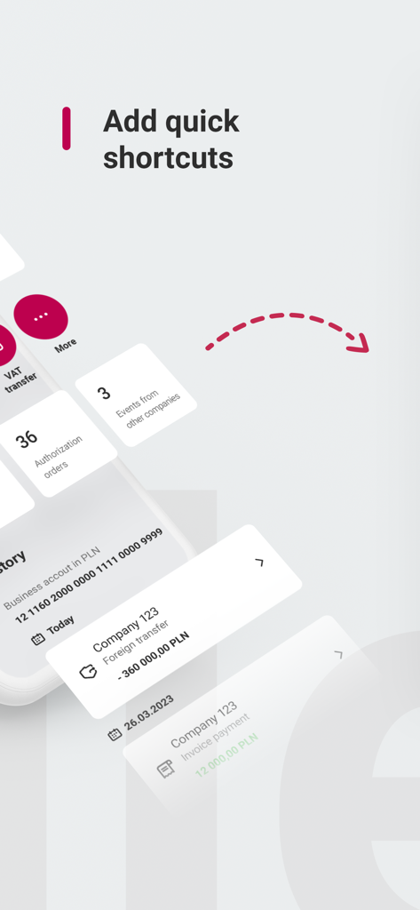 Mobile app interface displaying customizable quick shortcuts for corporate banking tasks and recent transactions