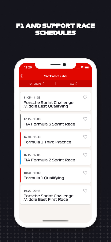 F1 Race Guide - Mobile app interface showing F1 and support race schedules for a Grand Prix weekend.