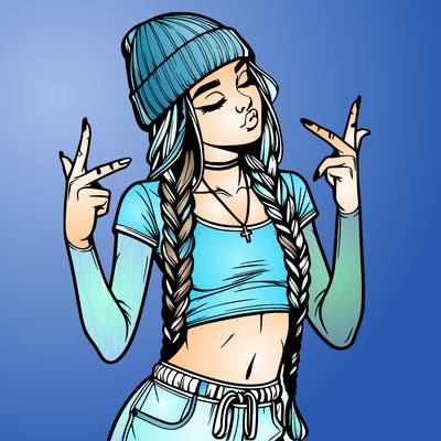 realistic teenage girl with braids and a beanie and crop top doing 🫶🏼