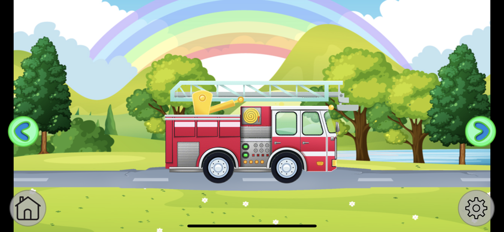 Car Wash Learning Unlocked - Um caminhão de bombeiros vermelho de desenho animado em uma estrada contra um fundo colorido com colinas e um arco-íris