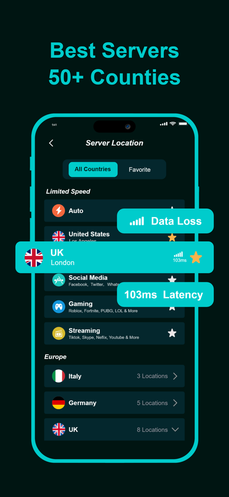 Plato VPN server location interface showing 50 plus countries with low latency indicators for gaming and streaming