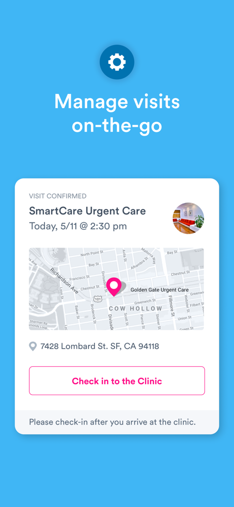 Mobile app interface showing a confirmed urgent care appointment with a map and digital check-in button