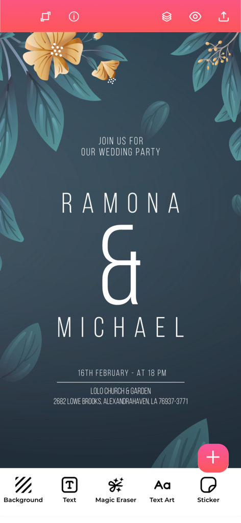 Graphic Design & Logo Creator. - モバイルグラフィックデザインアプリ上のエレガントな花のウェディング招待状デザインインターフェース