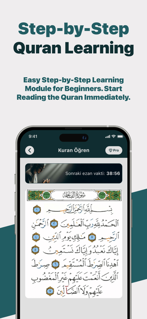 AI Quran Reader Athkar Tarteel - Pantalla de teléfono inteligente que muestra el módulo de aprendizaje del Corán paso a paso con escritura árabe para principiantes